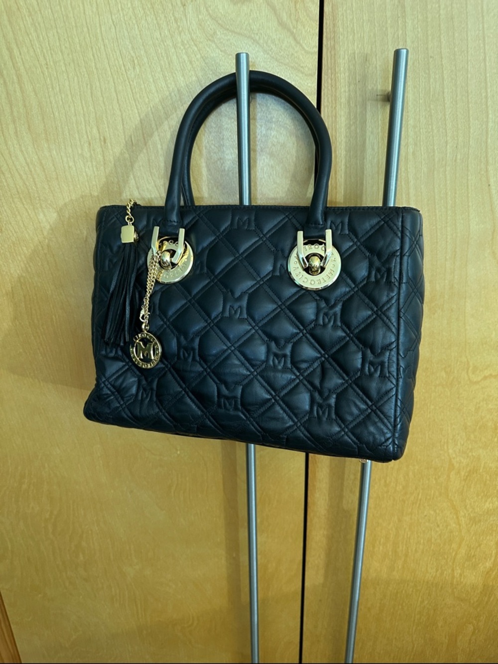 Black Quilted Leather Satchel with Gold Hardware metro Italian leather